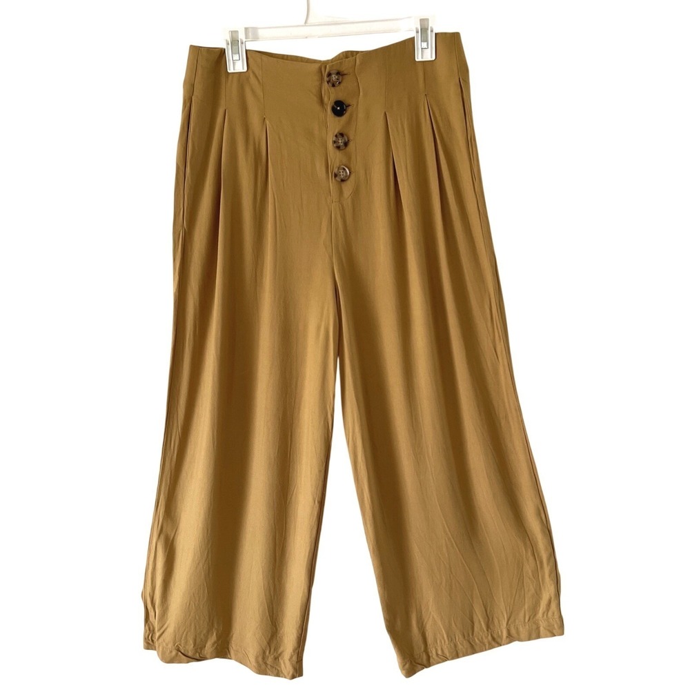Shinestar Womens Wide Leg Pants Sz XL Mustard Tortoiseshell Buttons Boho Chic